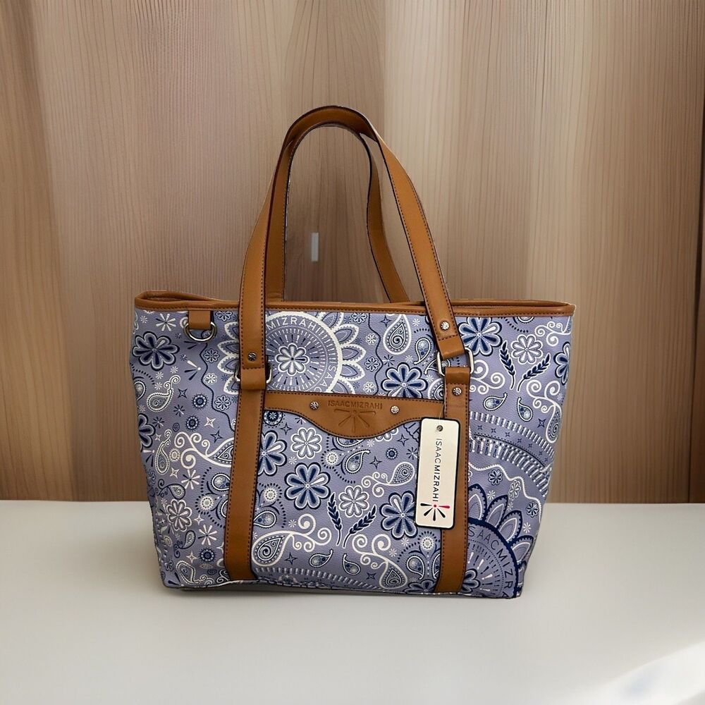 Isaac Mizrahi Blue Floral Tote Bag Tan Double Handles Lined Inner Pockets new